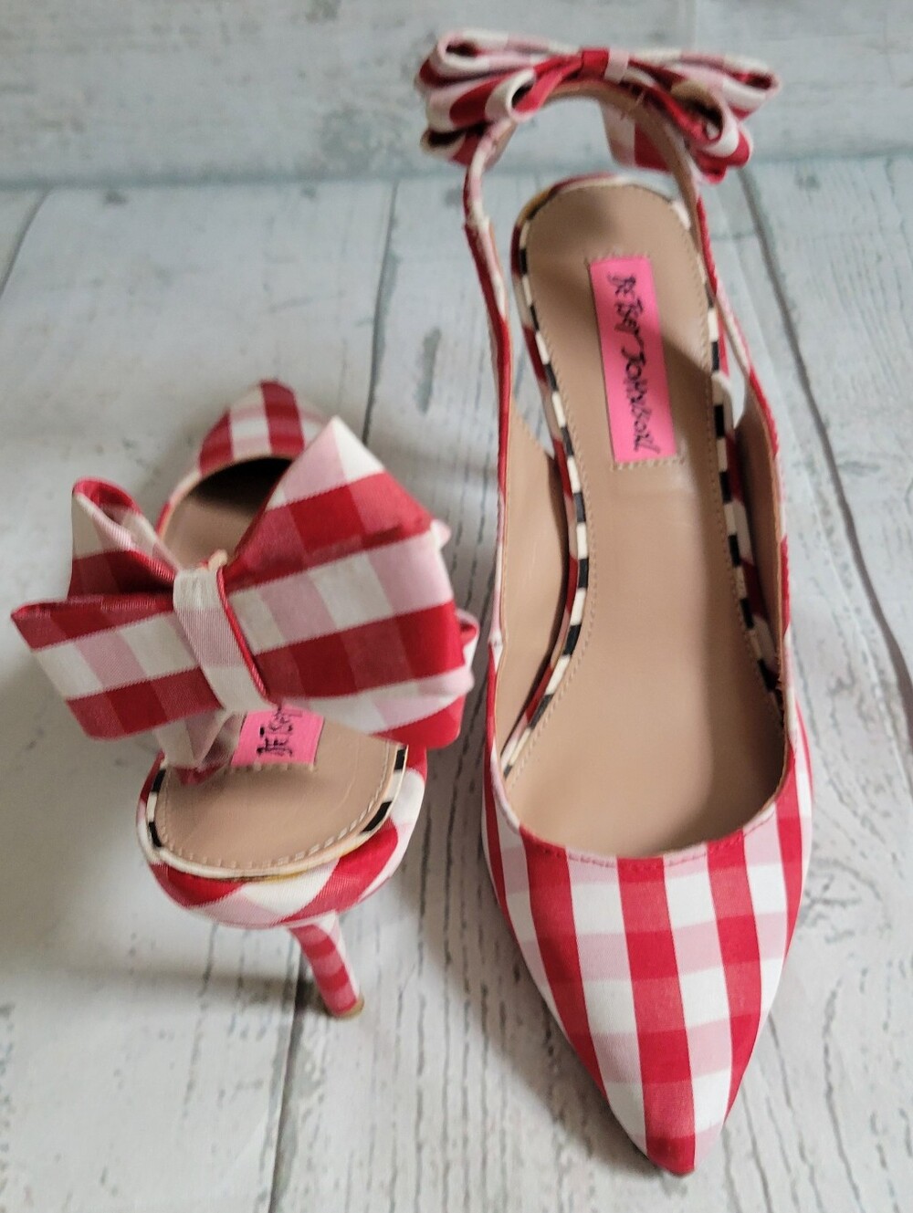Betsey Johnson Ginjet Red and White Gingham Slingback Heels with Ankle Bows - Picture 9 of 11